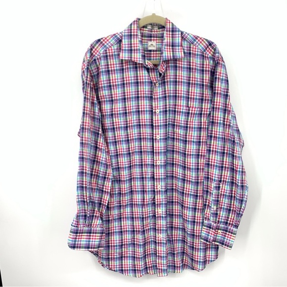 Peter Millar Men Size Large Shirt Button Down Top Pink Blue Checkered Plaid - Picture 1 of 7